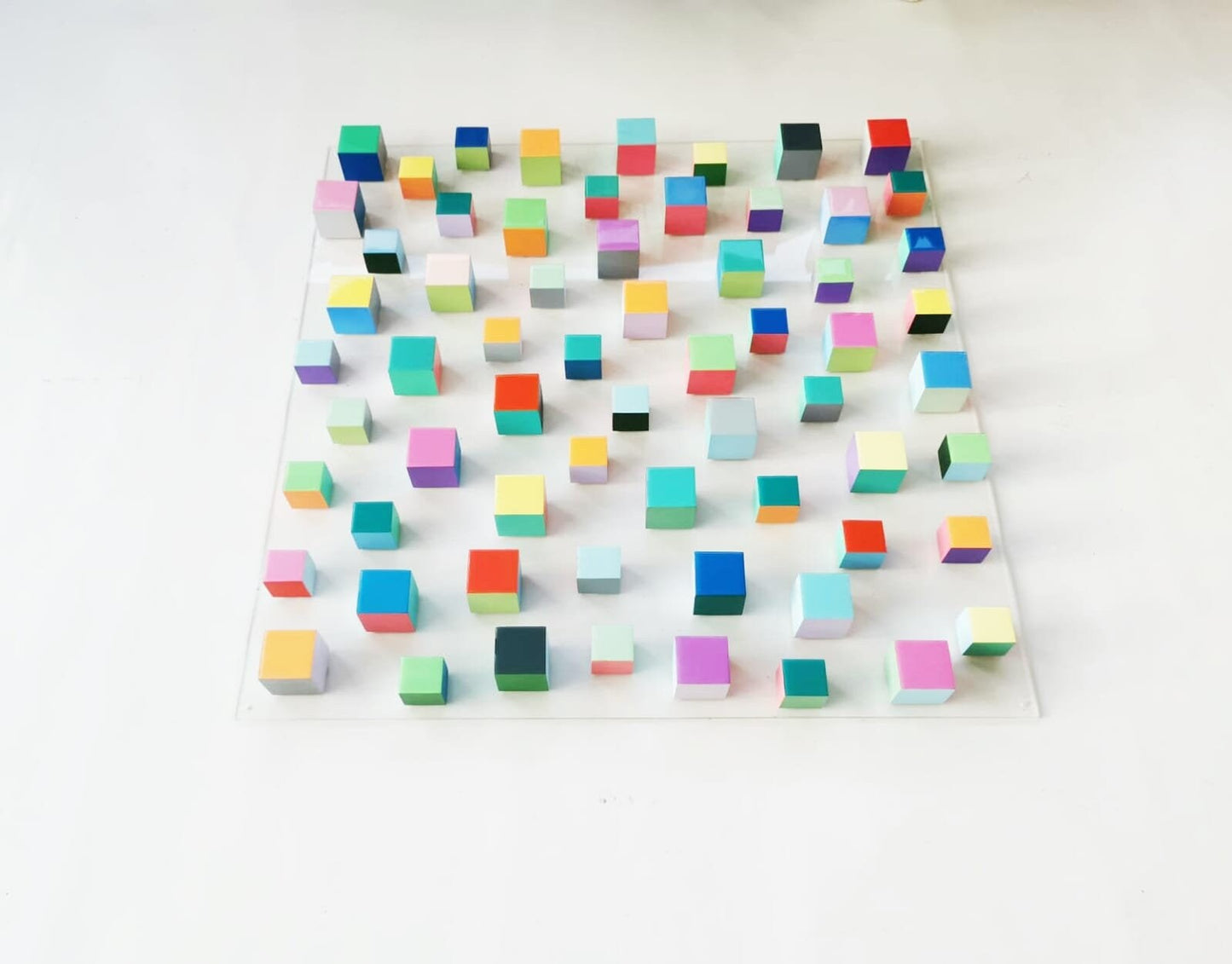 Large wood wall art, cube art with resin finish on top face. Happy art and colorful blocks. 3D wall art.  ©