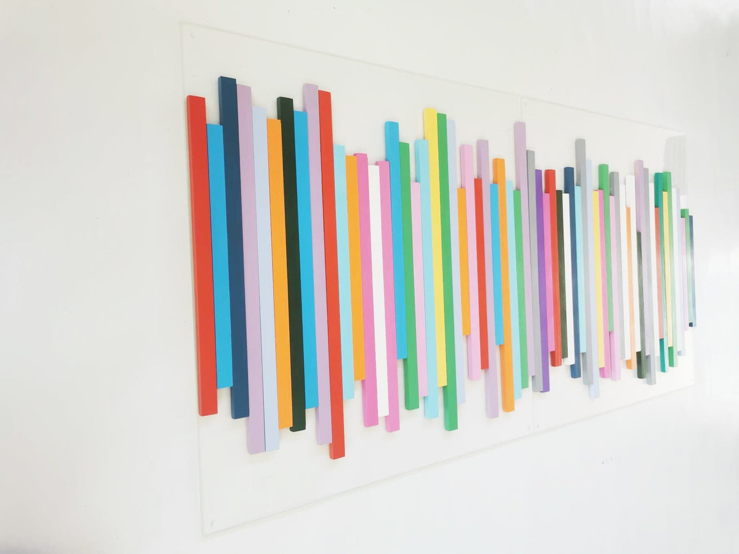 Wood wall art. Slats wall art in happy and bold colors. 3D art, modern art. 2 bases 23.6" X 23.6" Colorful Sculpture. ©Long and Large art