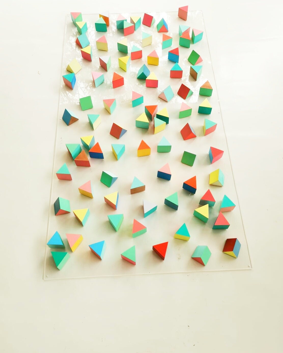 Modern and happy large wood wall art. Triangles wall art. 3d art, Coral, blue, green, turquoise colors. Geometric Floating wood art.©