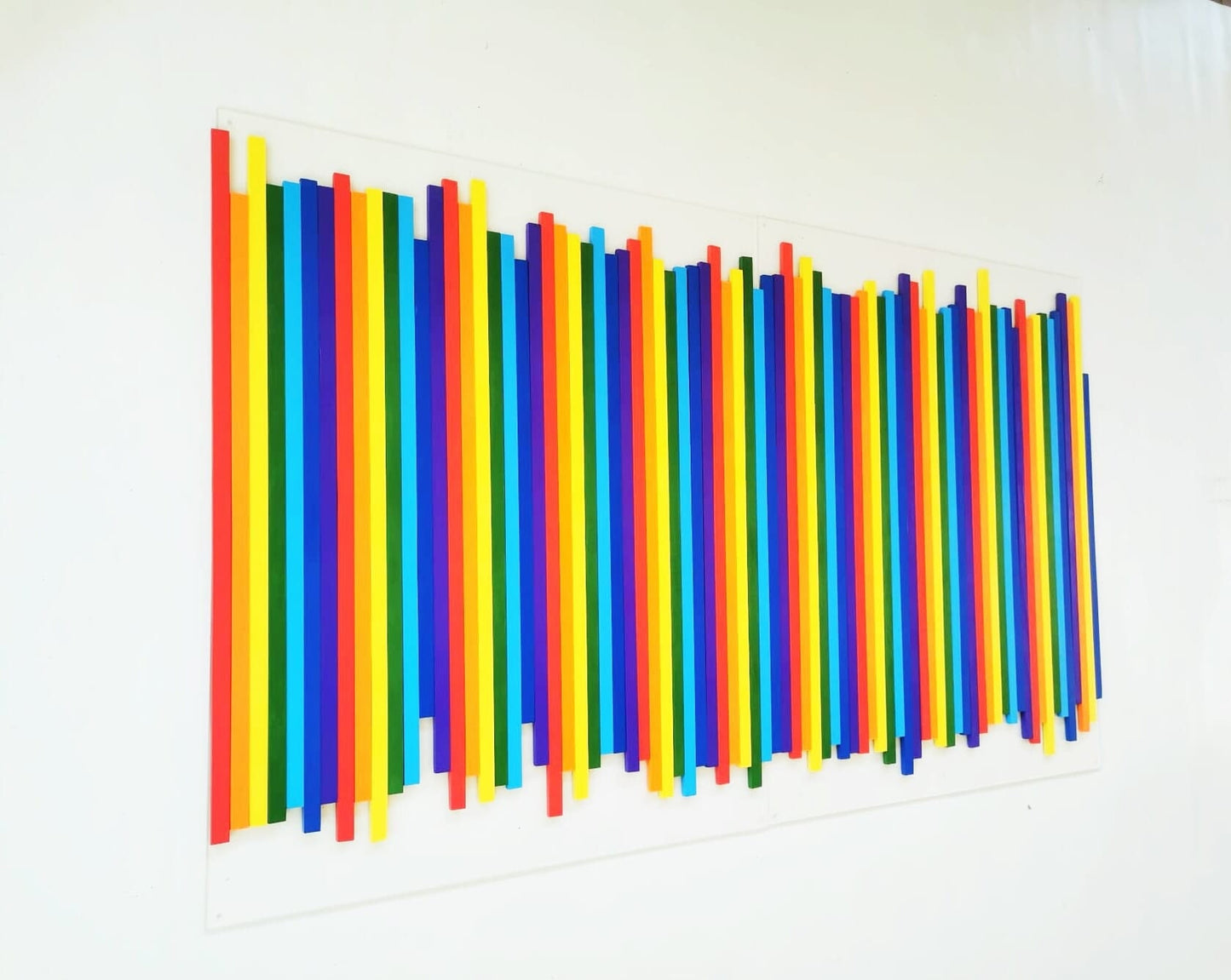 Large wood wall art. Rainbow colors. Sculpture wall art in multicolor design. Bold 3d art. Pop art in happy colors. Slat art©