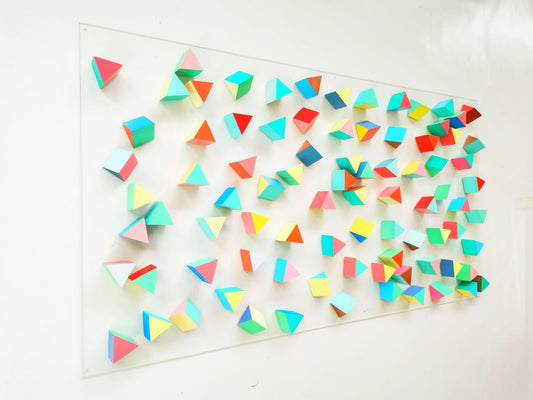 Modern and happy large wood wall art. Triangles wall art. 3d art, Coral, blue, green, turquoise colors. Geometric Floating wood art.©