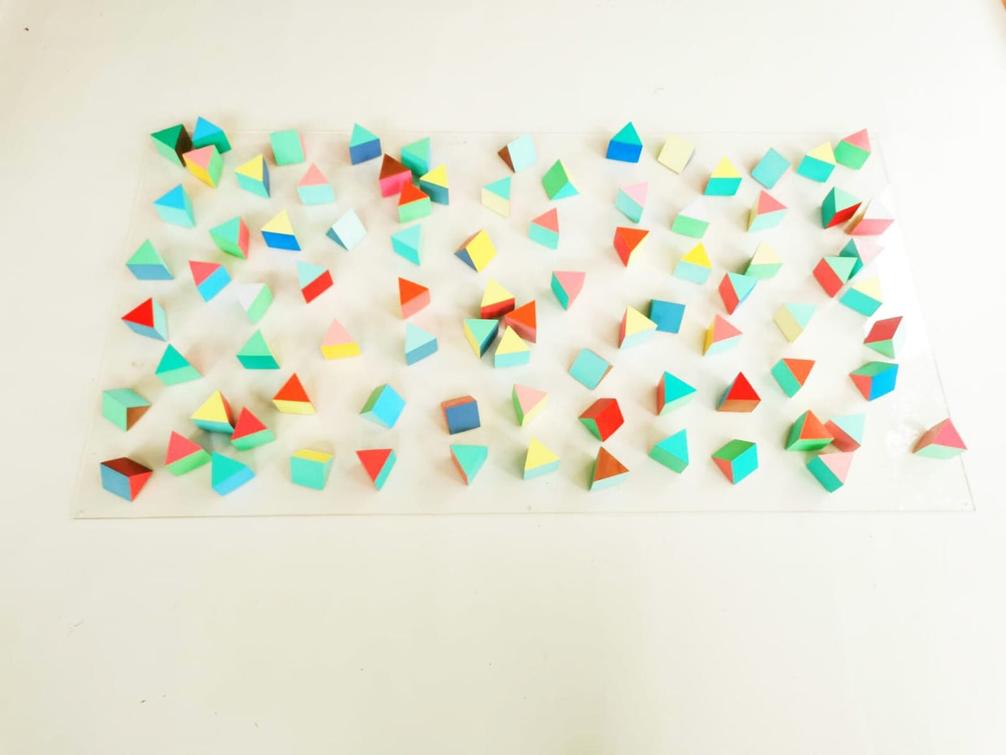 Modern and happy large wood wall art. Triangles wall art. 3d art, Coral, blue, green, turquoise colors. Geometric Floating wood art.©