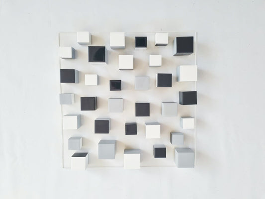 Wood wall art in black, white and grey colors.  shiny, bright resin finish on top. Modern decoration. 3D wall sculpture, Geometric art ©