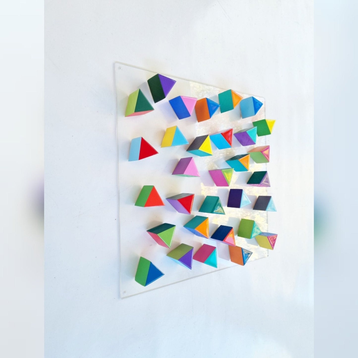 Triangles wall art. Wood wall art, 3d art. Wood sculpture. Hand-painted wooden triangles with vibrant and bold colors. Resin finish ©