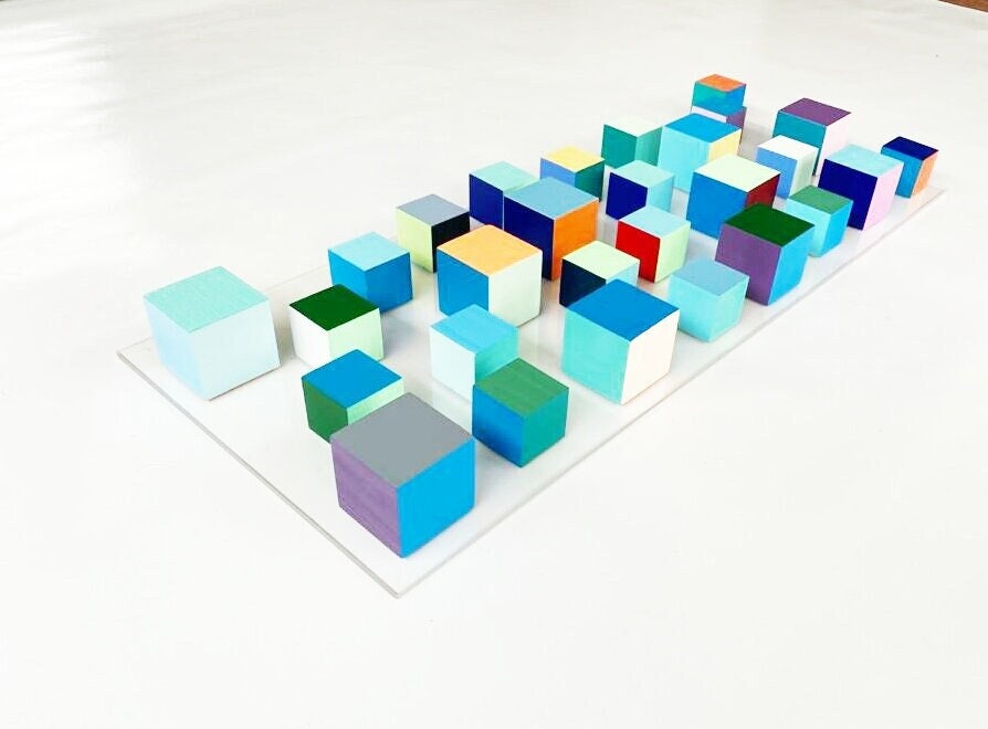 Vertical and horizontal hanging wooden art cubes. Wall decor wood wall art, colorful art. 3D wood art . © Geometric and modern Sculpture.