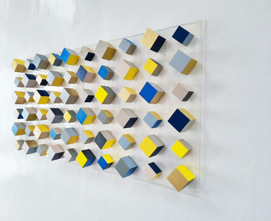 Wood wall art. Modern wood blocks. Geometric wall decor. 2 bases 23.6" X 23.6". Custom colors, gold, yellow and blue. 3d sculpture. ©