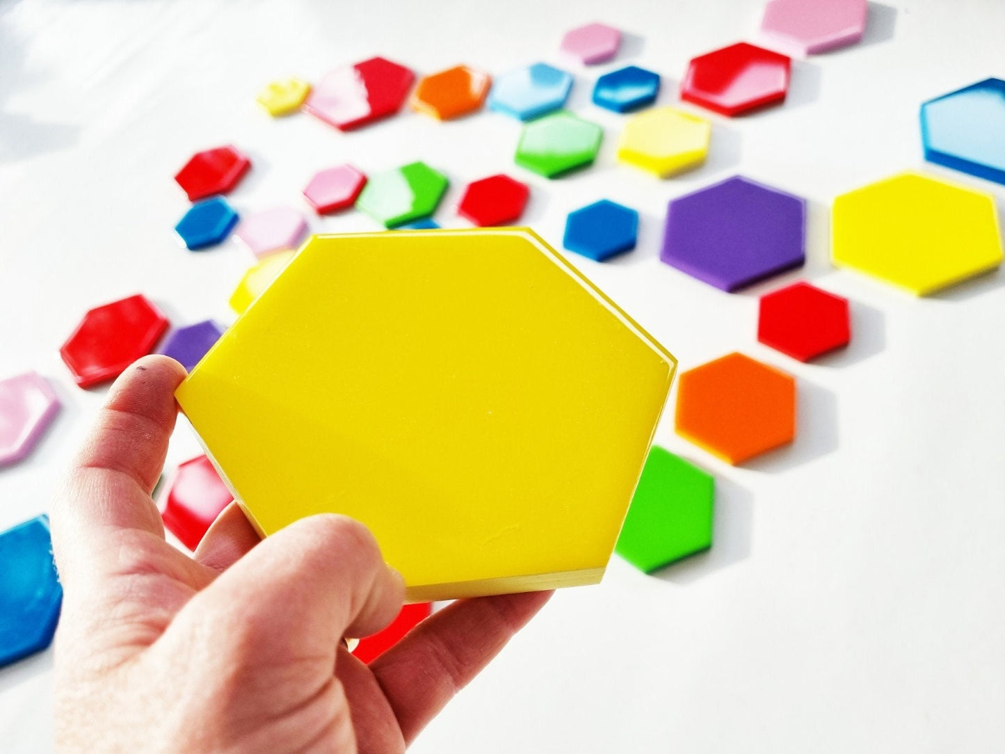 PACKS of hand painted colored wooden hexagons with high quality,shiny epoxy resin front face.Choose the number of Self install wall art ©