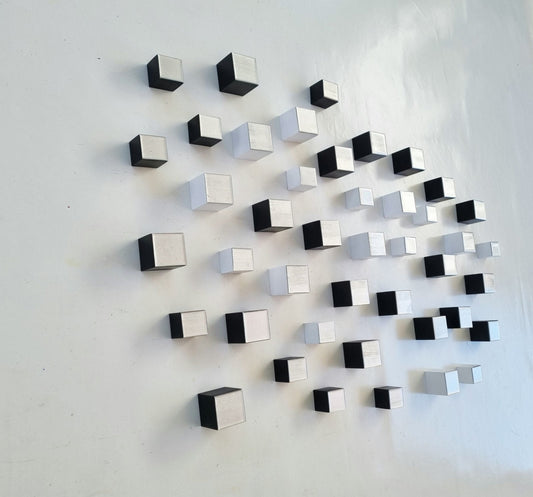 Silver wood wall art. Wood cubes, silver, white and black. Minimalist deco. Modern decoration. Geometric 3d art. Sculpture art.  Resin top ©