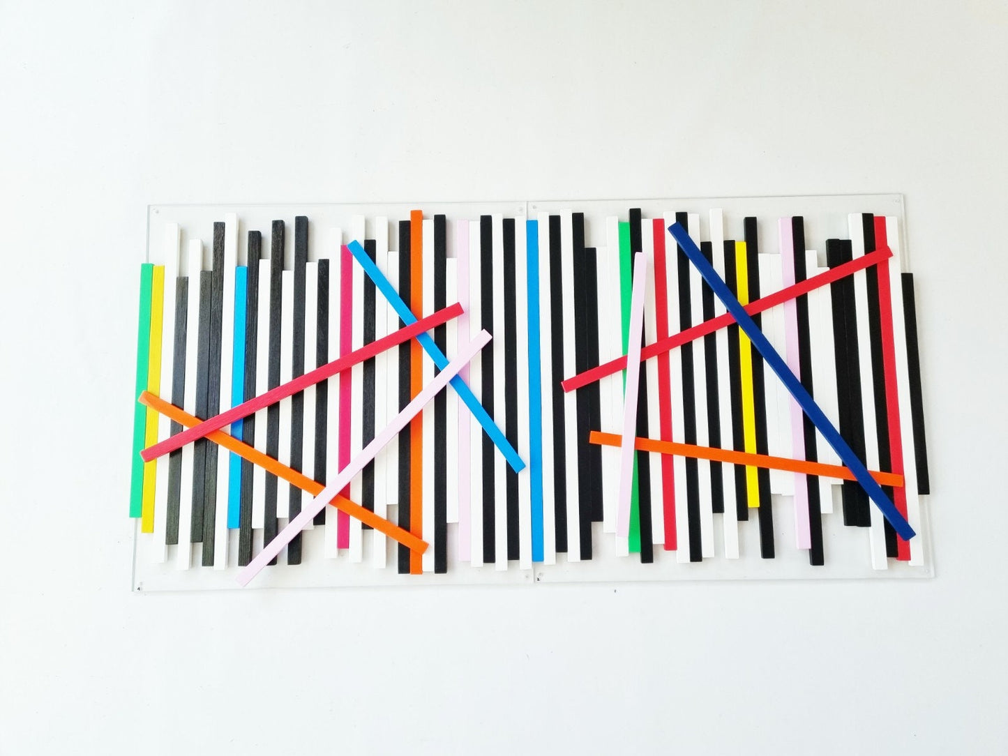 Wood wall art, large wood art. Slats in happy and bold colors, wall sculpture, 3d wall art. Modern wall decor, 2 bases 23.6" X 23.6"©