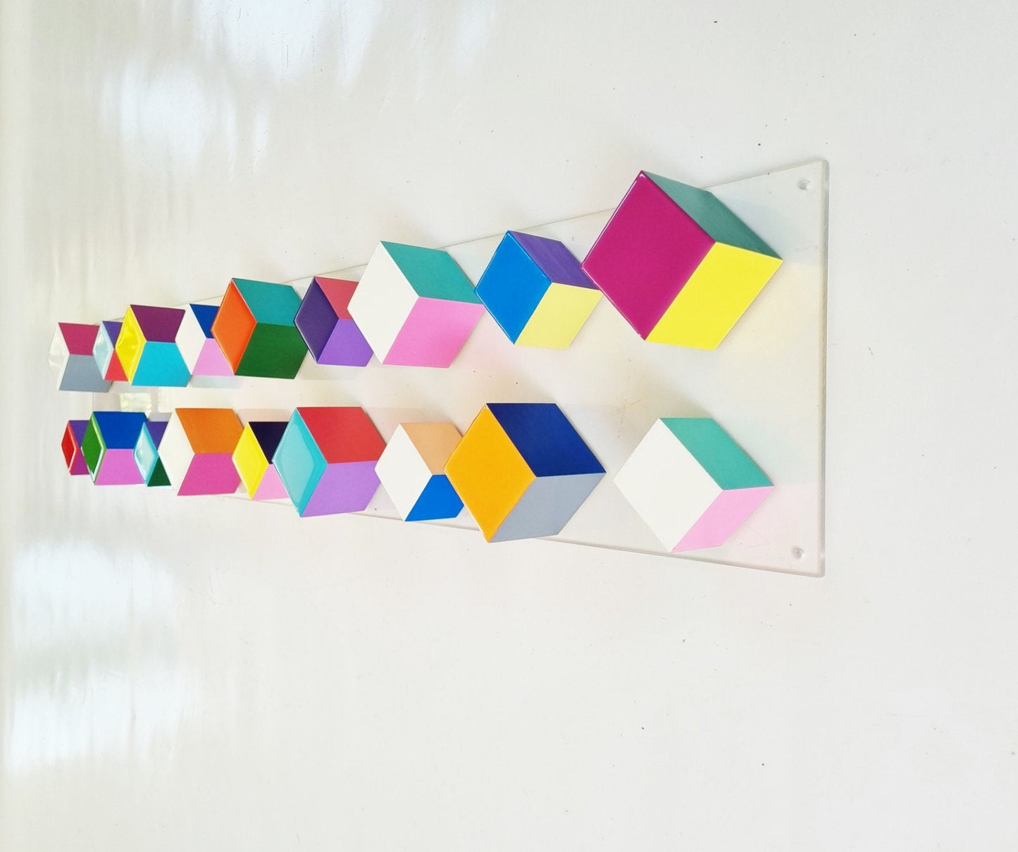 Long and narrow wood wall art. Hand painted cubes with resin on top face. Pop colors. It can be hung vertically or horizontally, modern art©