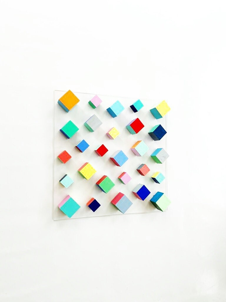 Wood wall art, abstract and modern 3D sculpture. Home decor wall art, Colorful and bold cubes. Geometric wood art.  Wall hanging wooden art©