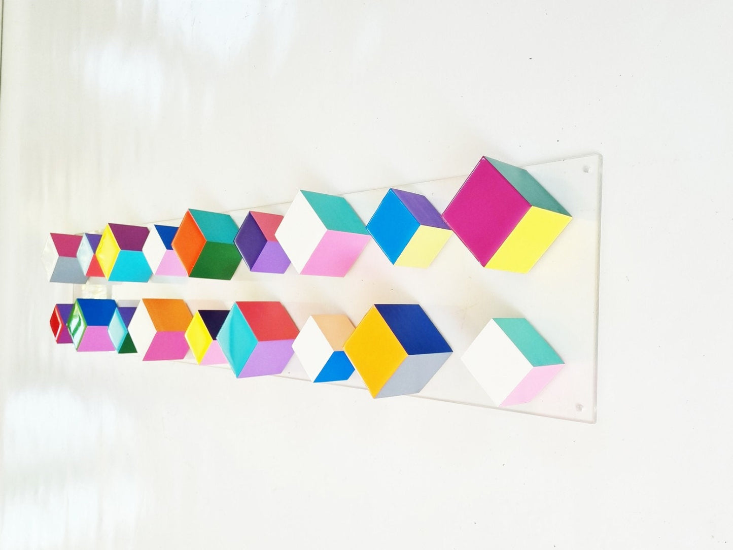 Long and narrow wood wall art. Hand painted cubes with resin on top face. Pop colors. It can be hung vertically or horizontally, modern art©