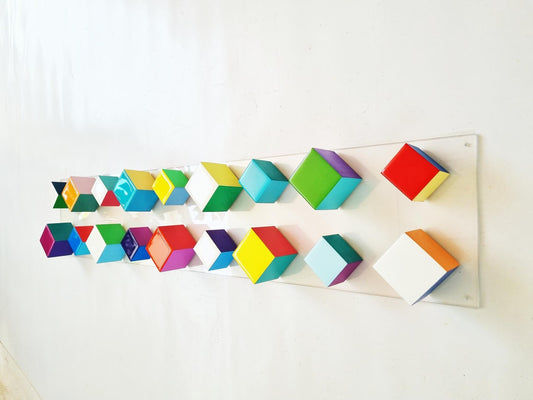 Long and narrow wood wall art. Hand painted cubes with resin on top face. Pop colors. It can be hung vertically or horizontally, modern art©