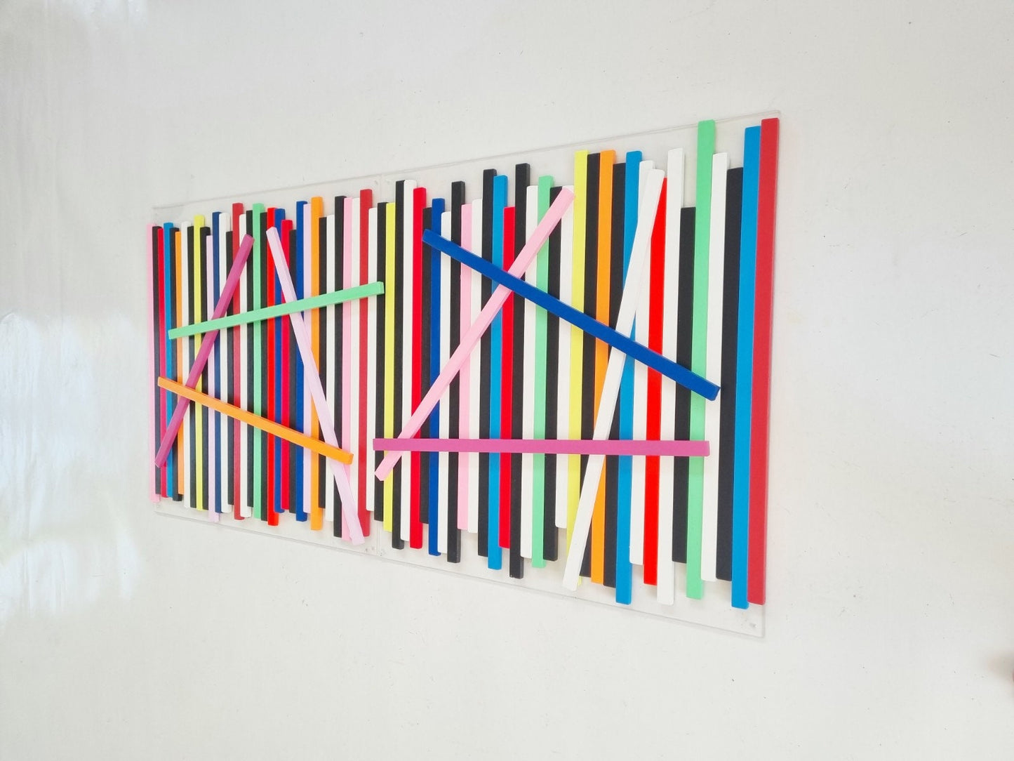 Large wood art, happy and neon art, bright art, Slats in happy, bold colors, wall sculpture, 3d art. Can be hung vertically or horizontally©