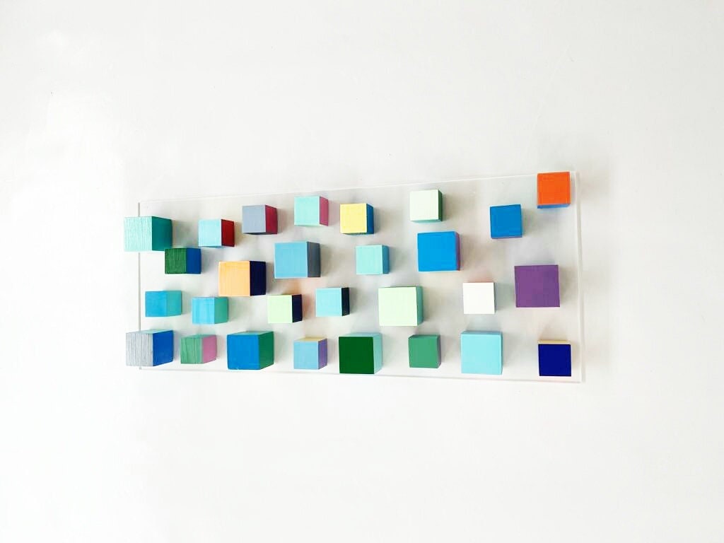 Vertical and horizontal hanging wooden art cubes. Wall decor wood wall art, colorful art. 3D wood art . © Geometric and modern Sculpture.
