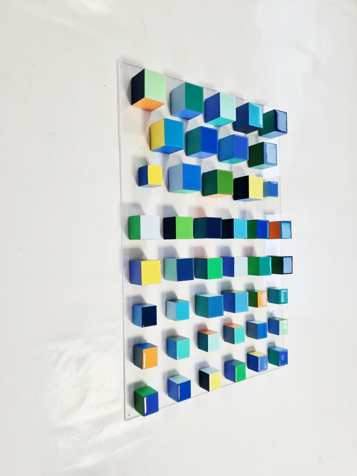 Geometric wood wall art, hand painted cubes with resin on top face, Happy and  bold colors . Multicolor wooden cubes.  3d floating blocks ©