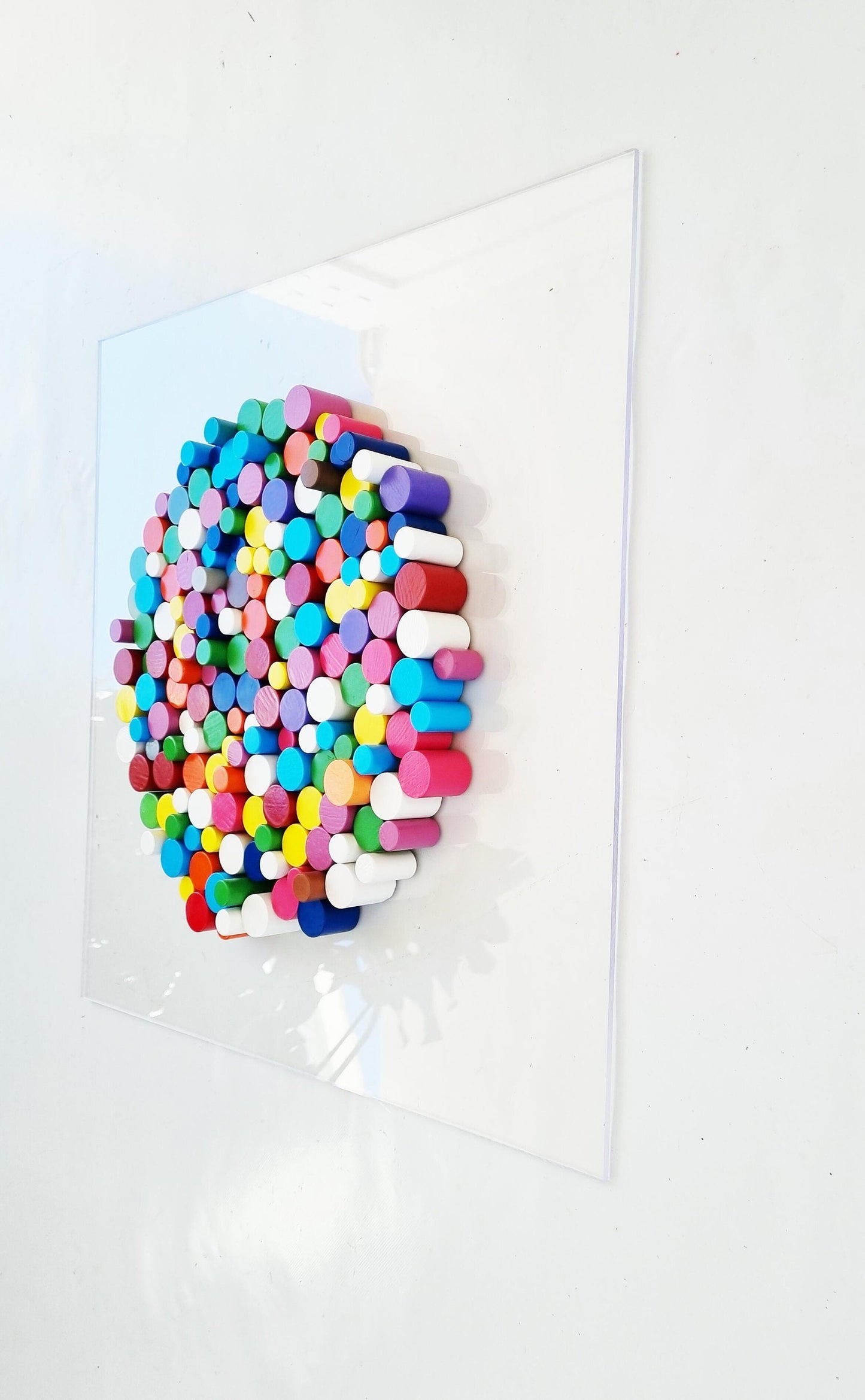 Wall sculpture, wood wall art in happy and bold colors. Circle wood art Dowel art. Circular Sculpture wooden art. 3 D art. ©