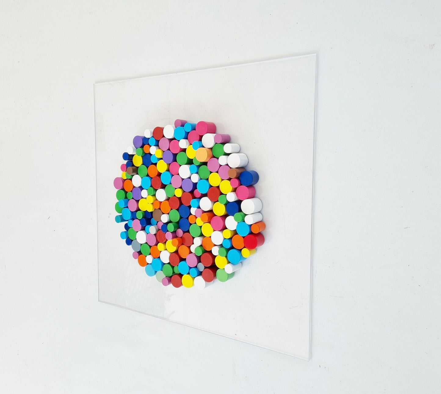 Wall sculpture, wood wall art in happy and bold colors. Circle wood art Dowel art. Circular Sculpture wooden art. 3 D art. ©