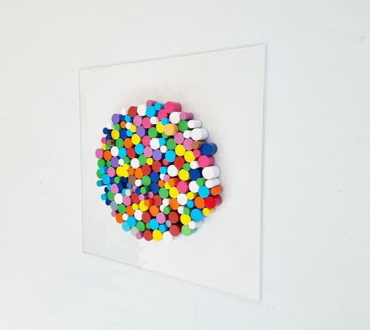 Wall sculpture, wood wall art in happy and bold colors. Circle wood art Dowel art. Circular Sculpture wooden art. 3 D art. ©