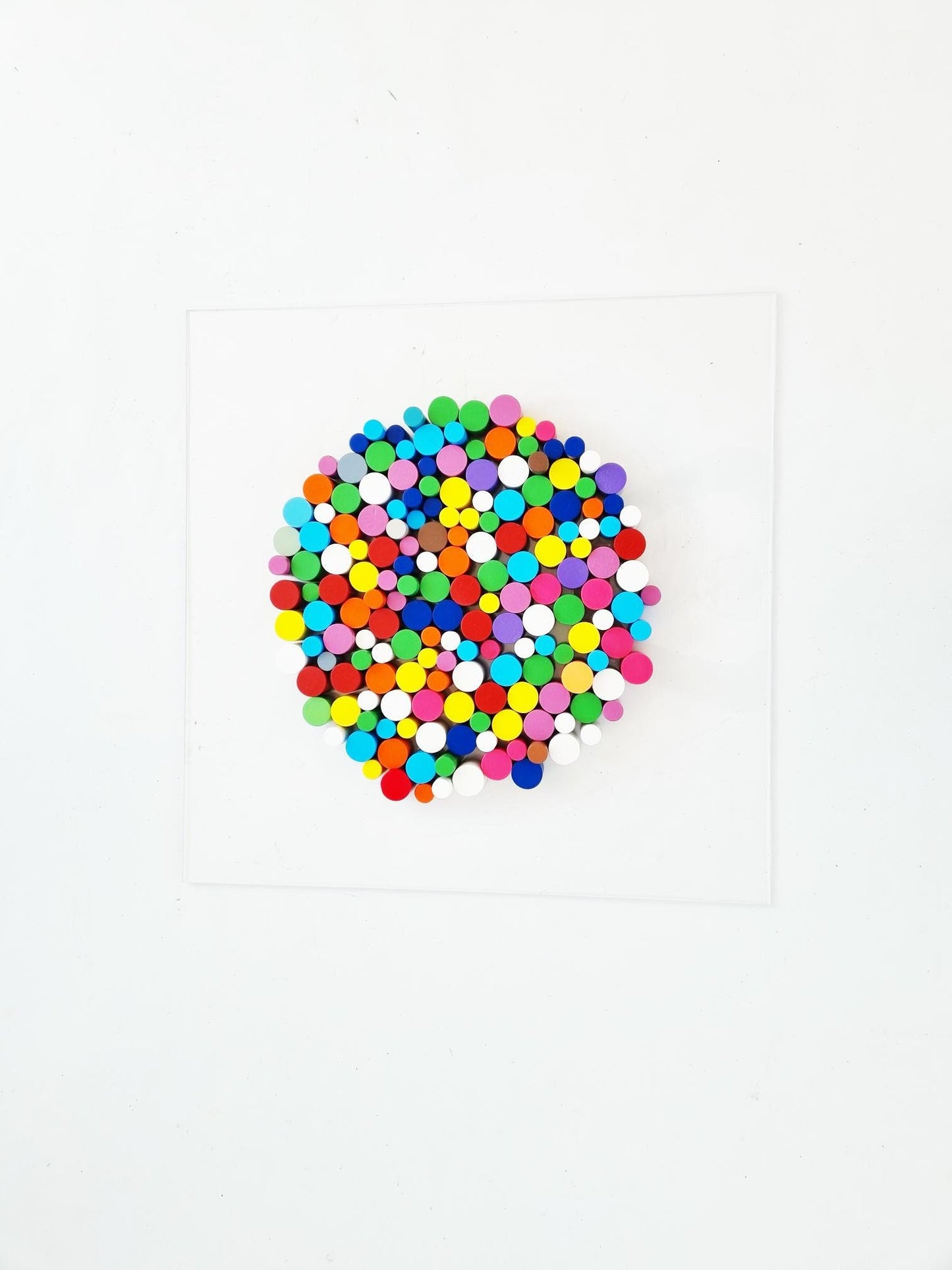 Wall sculpture, wood wall art in happy and bold colors. Circle wood art Dowel art. Circular Sculpture wooden art. 3 D art. ©