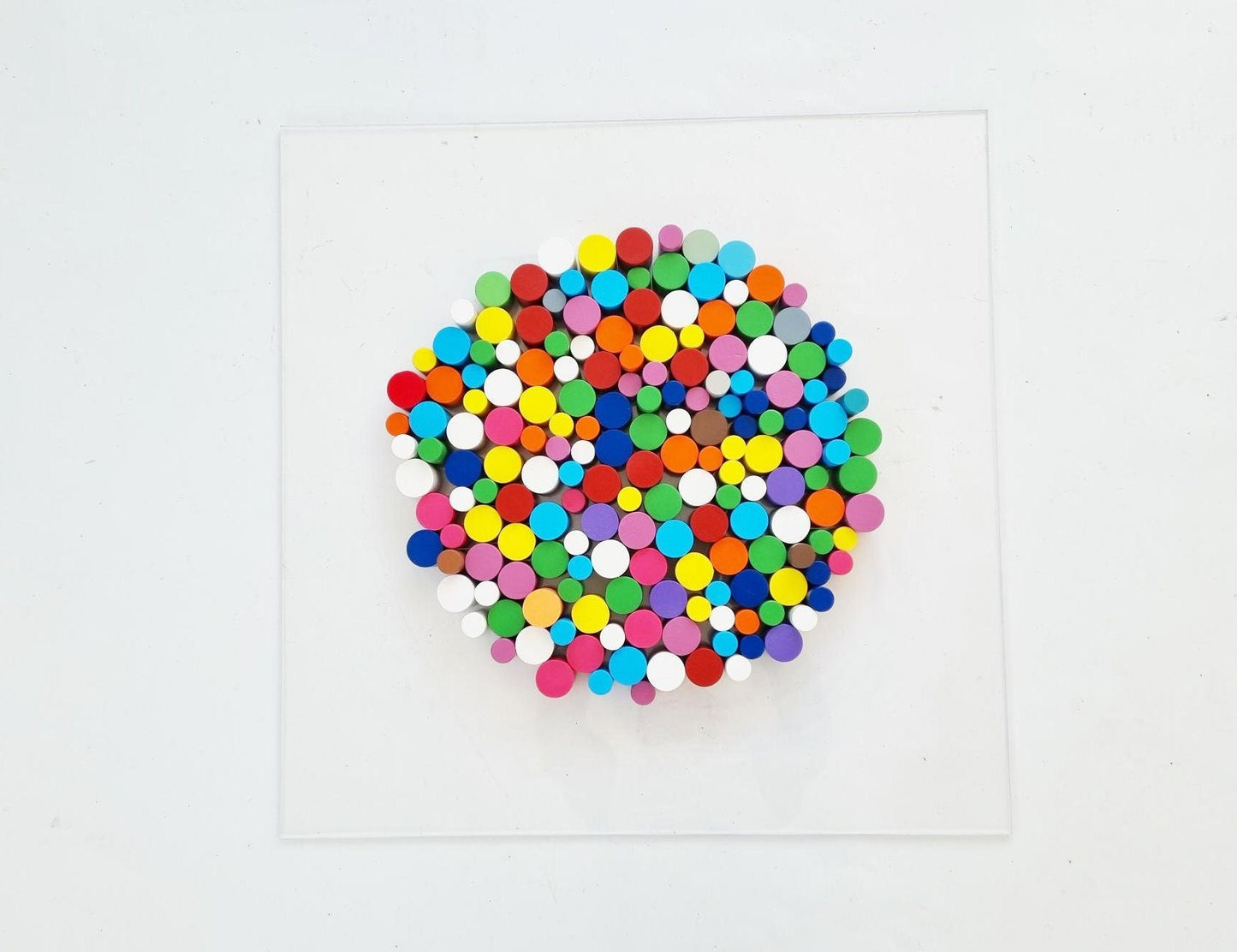 Wall sculpture, wood wall art in happy and bold colors. Circle wood art Dowel art. Circular Sculpture wooden art. 3 D art. ©