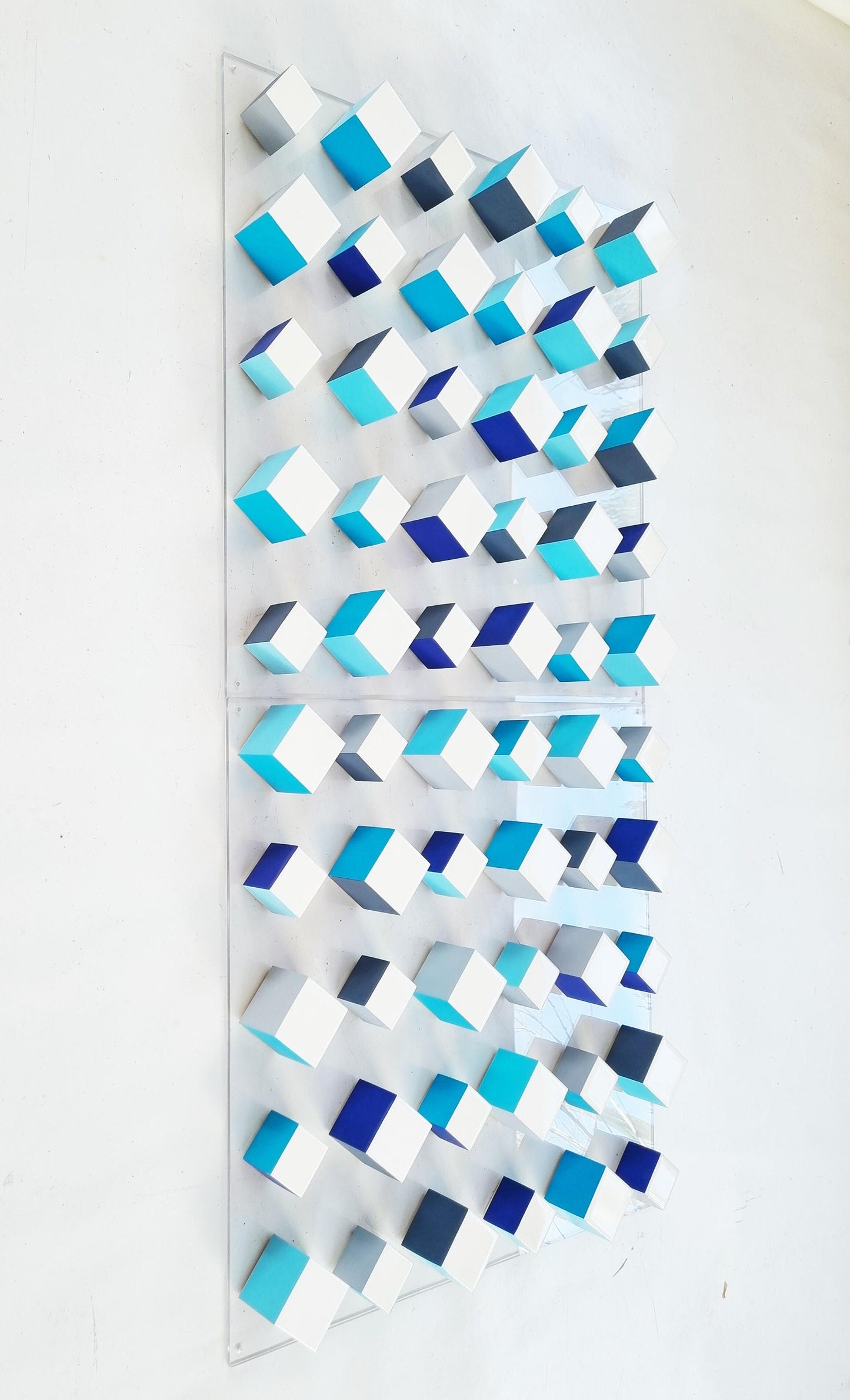 Wall sculpture. White cubes with resin on top face. 2 Bases 23.6"X23.6" Wood wall art, Geometic 3D art © Hand painted blocks.