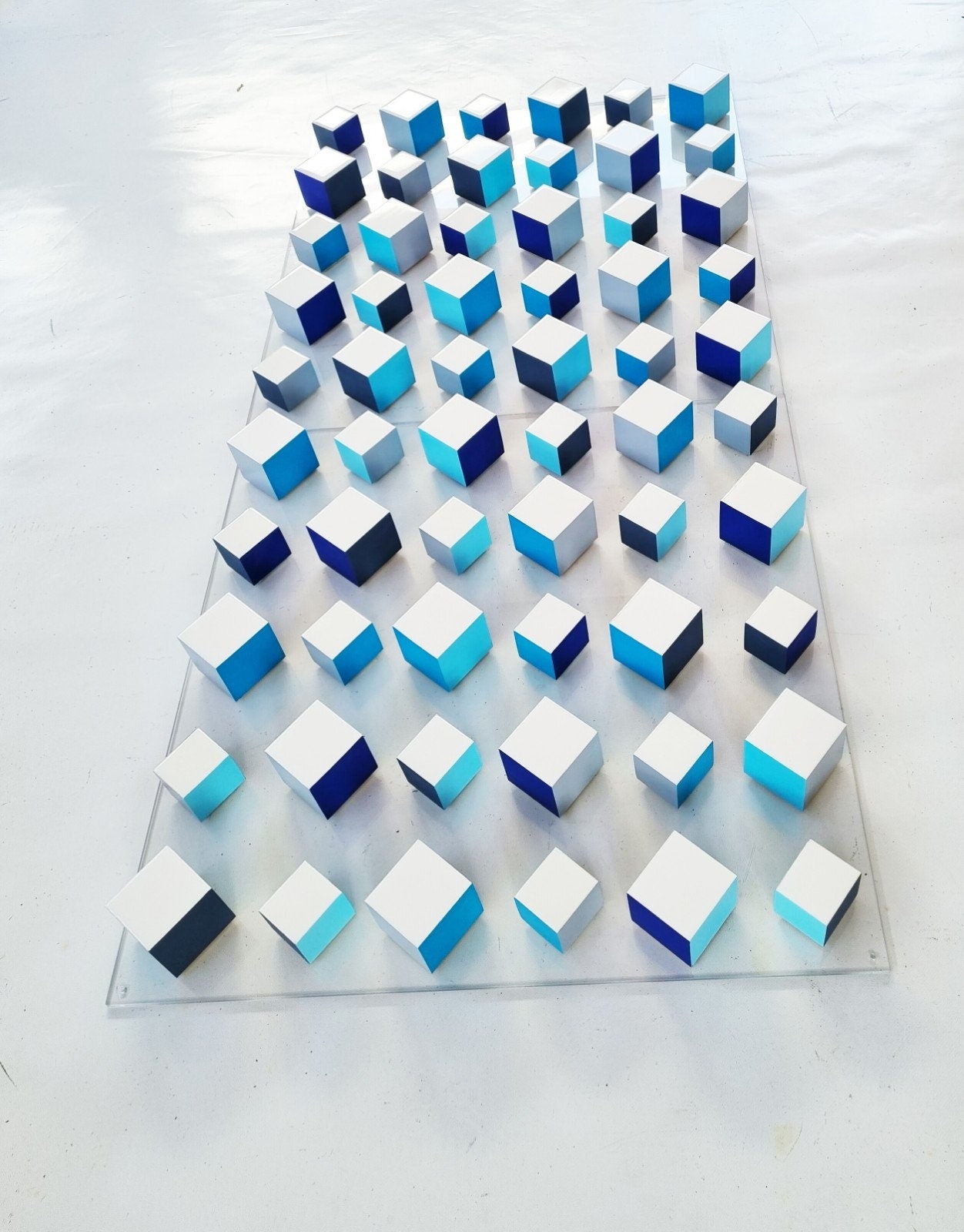 Wall sculpture. White cubes with resin on top face. 2 Bases 23.6"X23.6" Wood wall art, Geometic 3D art © Hand painted blocks.