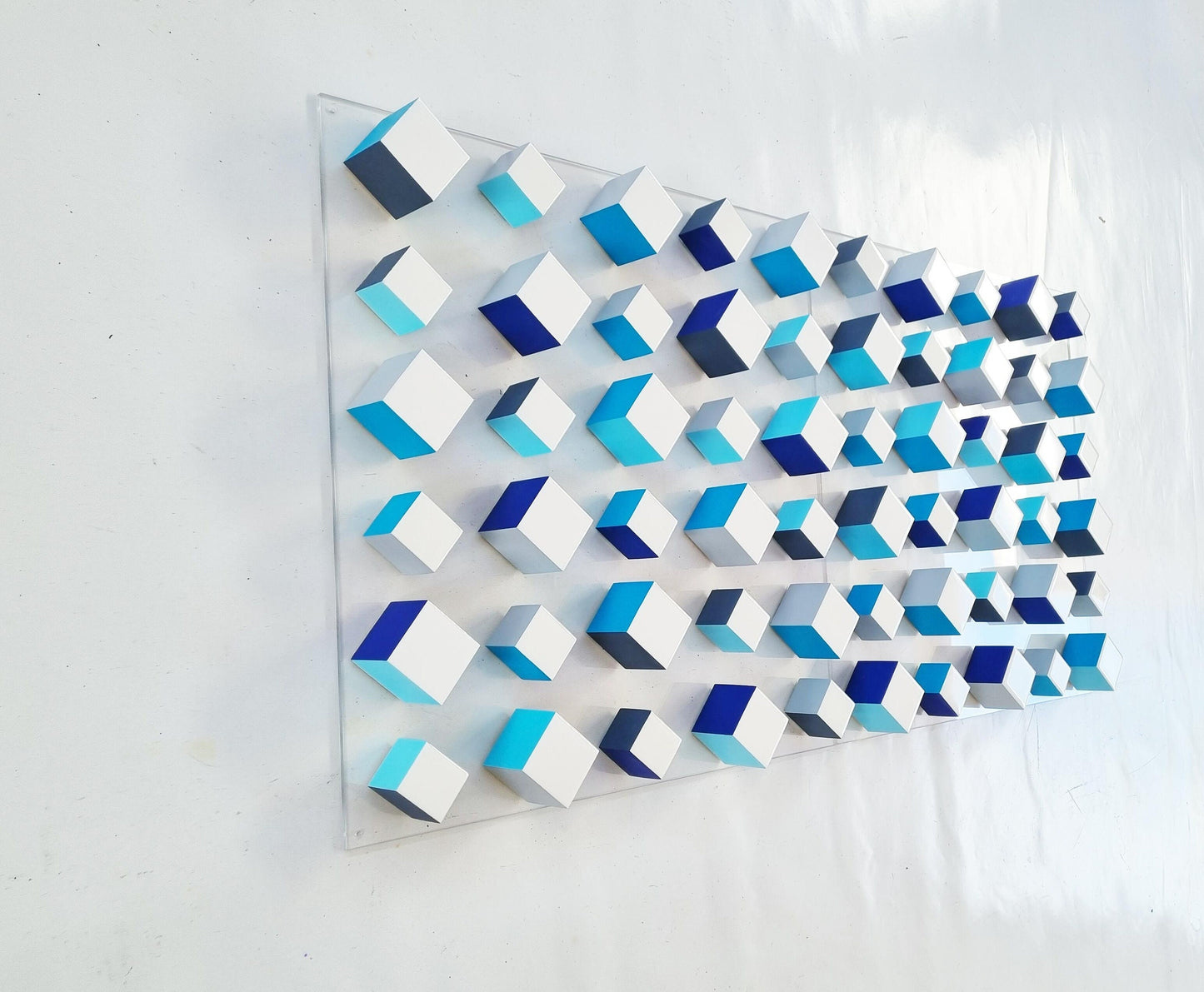 Wall sculpture. White cubes with resin on top face. 2 Bases 23.6"X23.6" Wood wall art, Geometic 3D art © Hand painted blocks.