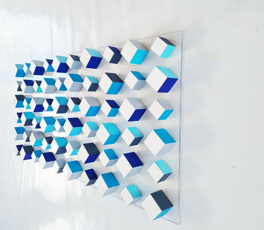 Wall sculpture. White cubes with resin on top face. 2 Bases 23.6"X23.6" Wood wall art, Geometic 3D art © Hand painted blocks.