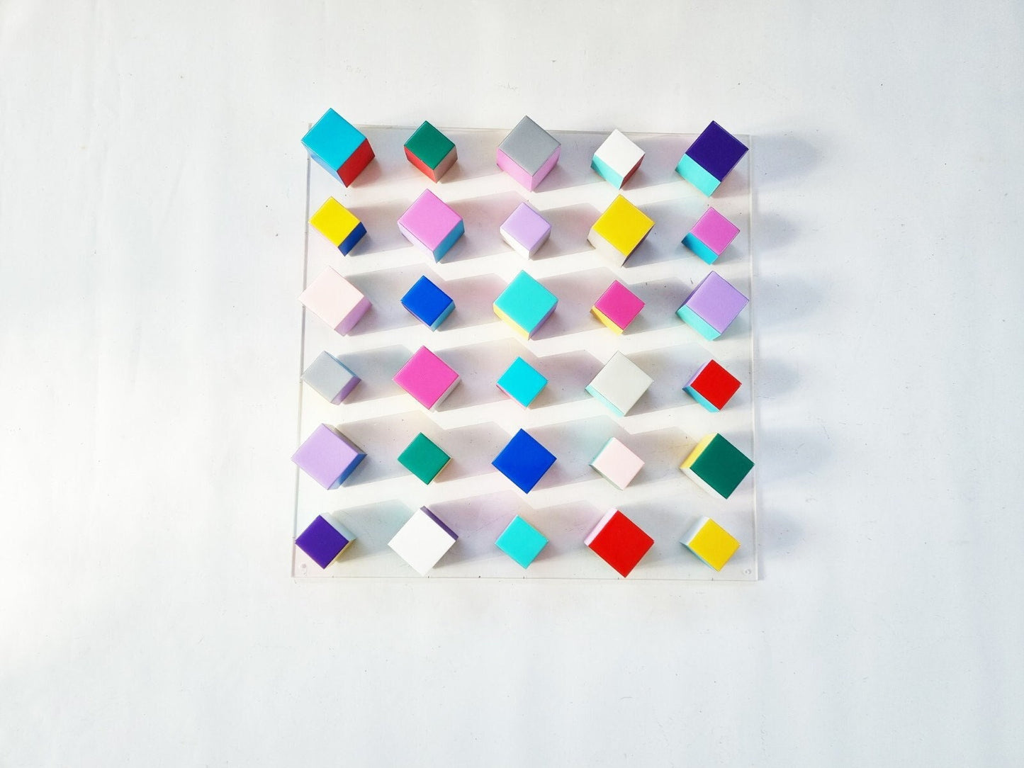 Modern and unique wood wall art. Geometric art. Hand painted with happy colors. Bright Resin finish on top face. Wood Sculpture. Cube art. ©