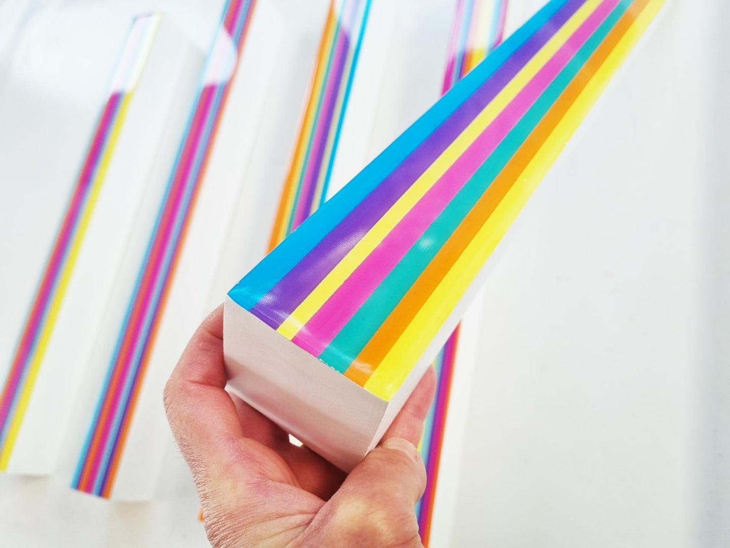 Hand painted large and colorful wooden beams with glossy epoxy resin. Modern decor. Geometric wood sculpture. Bright color 3D block art.