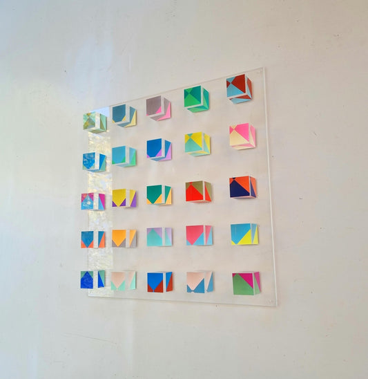 Hand painted clear cubes. Wall decor transparent blocks, 3d translucid cube art. Bold geometric art. Acrylic cubes on Lucite glass panel.