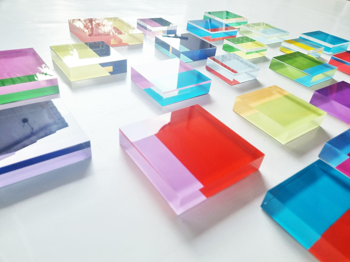 Pack of Color Blocks. Hand painted acrylic glass tiles. Easy to install Modern art. Bold bright happy colors. Floating transparent 3D art.