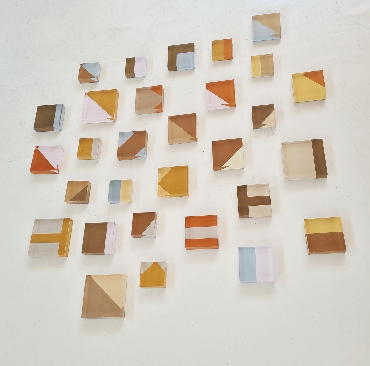 Hand painted acrylic blocks.  Modern 3d art in natural colors.  Choose the number of transparent cubes and sizes. Neutral wall sculpture.