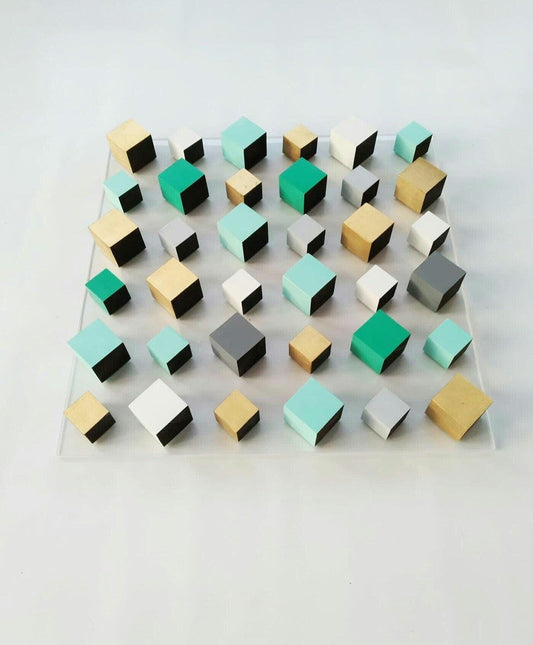 Modern wood wall art,© gold and teal colors. Modern and innovative design. 3D Art for any space. Hand painted wooden blocks. Floating effect