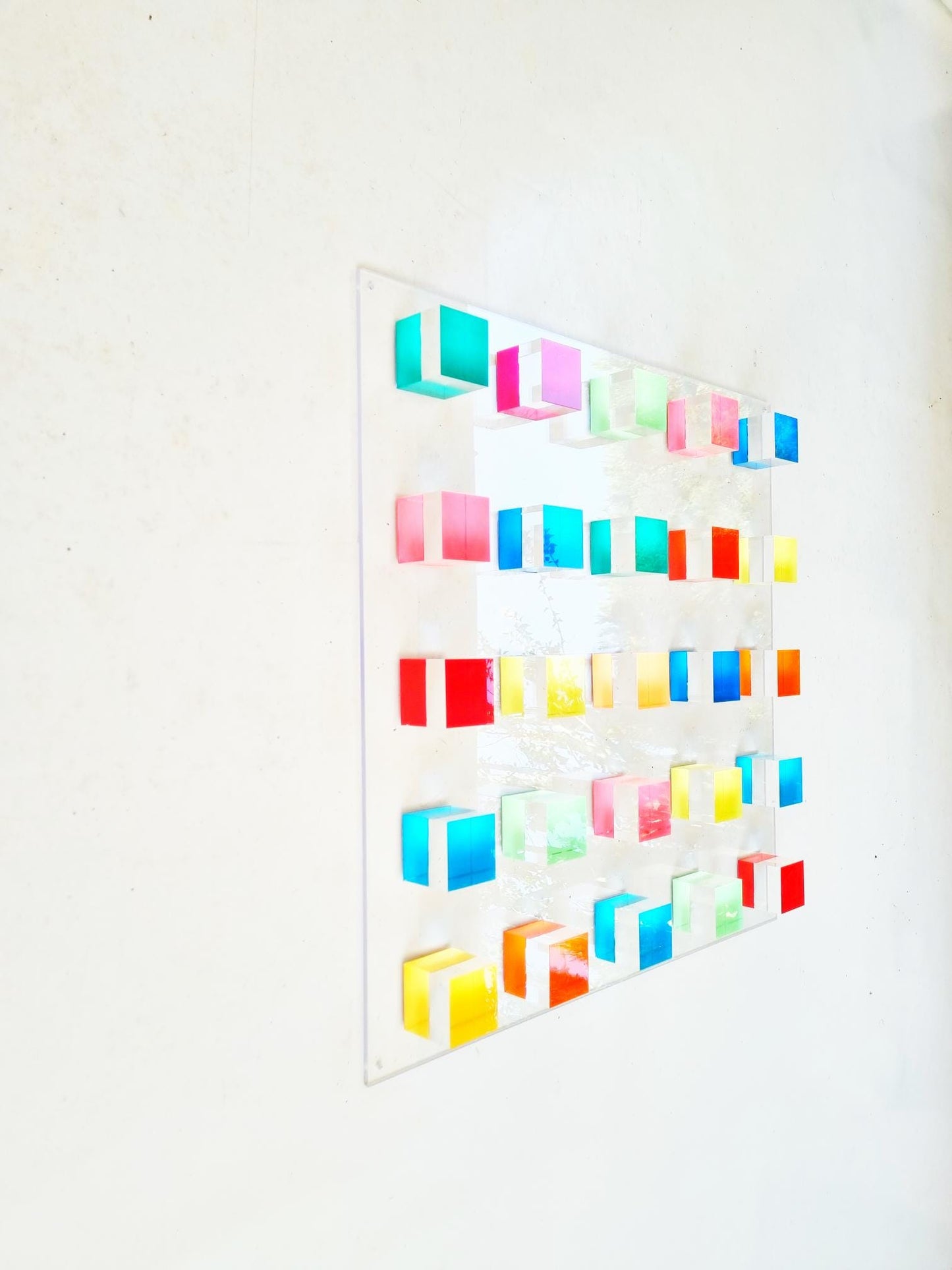 Acrylic cubes on Lucite glass panel. Hand painted bold transparent blocks. 3d wall sculpture. Happy bright colors. Modern minimalist art