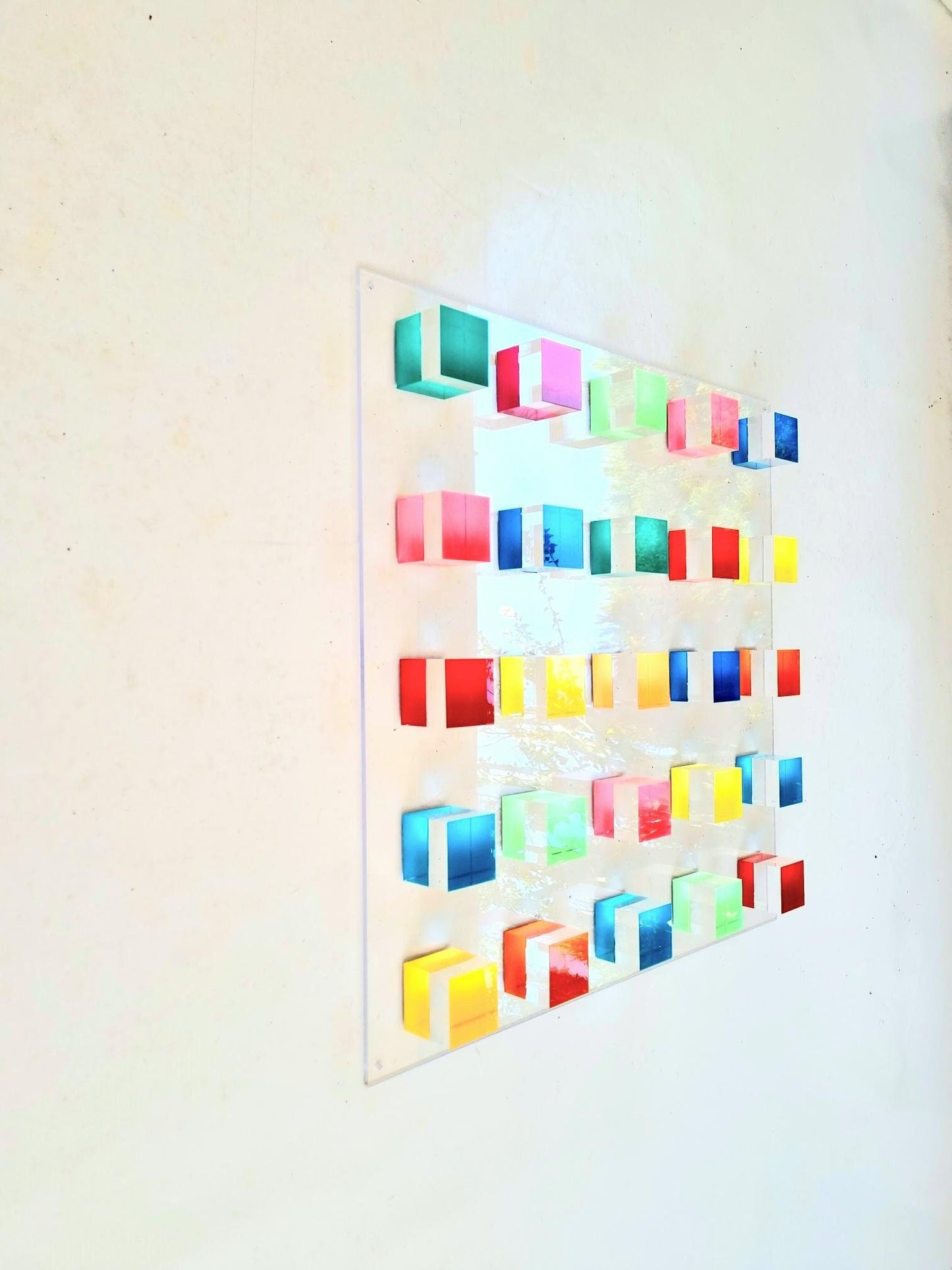 Acrylic cubes on Lucite glass panel. Hand painted bold transparent blocks. 3d wall sculpture. Happy bright colors. Modern minimalist art